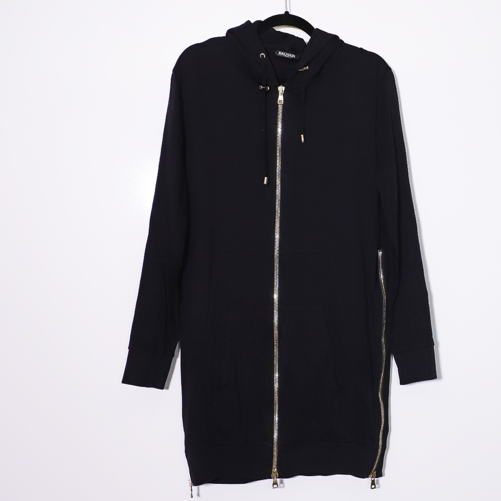 Balmain Men's Black Long Side Full Zip Cotton Hoodie Jacket Solid Black Large
